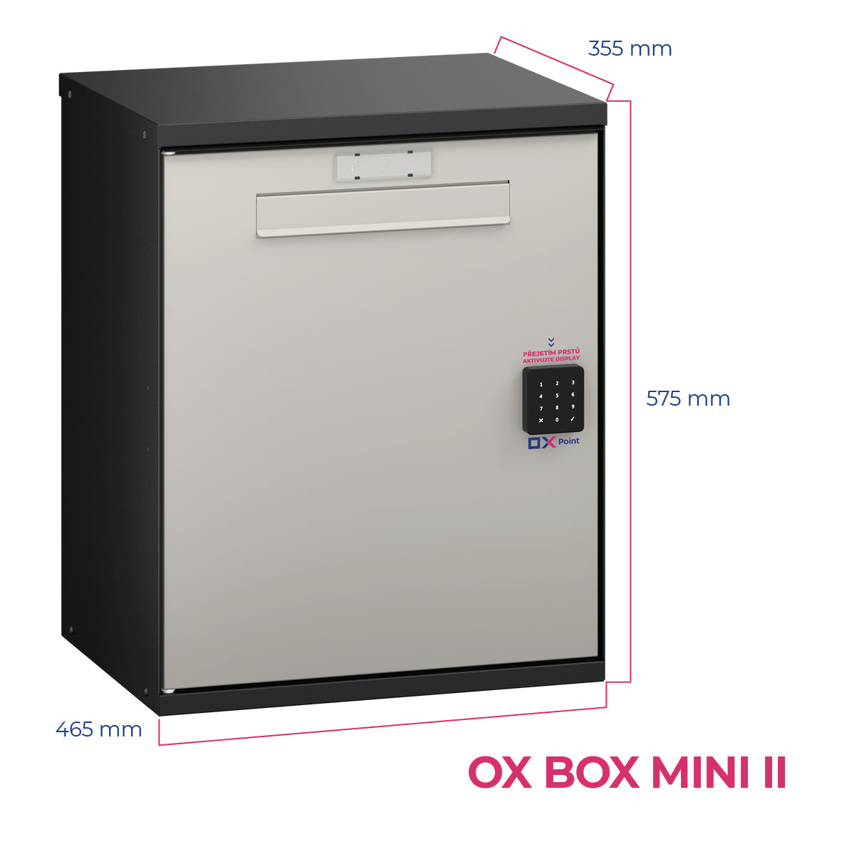 OX BOX MINI II – kovový chytrý box na balíky, rozměry 355×575×465 mm