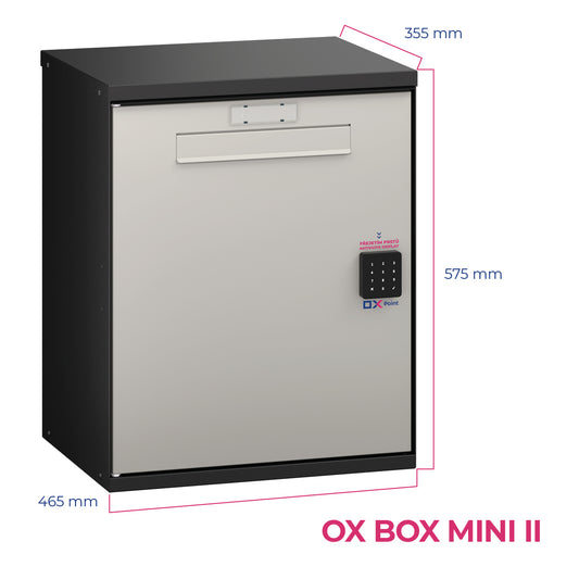 OX BOX MINI II – kovový chytrý box na balíky, rozměry 355×575×465 mm
