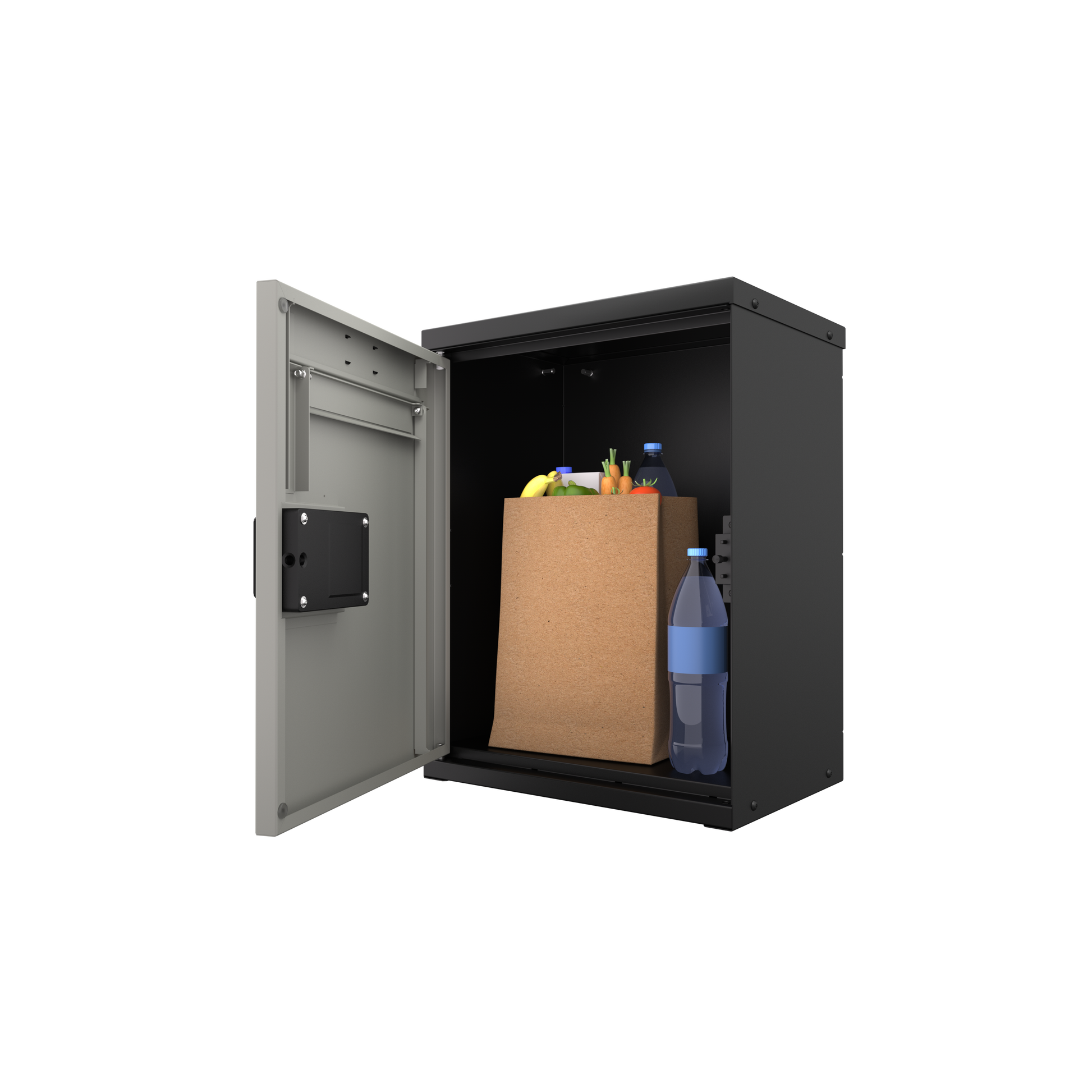 OX BOX MINI – kovový chytrý box s otevřenými dveřmi, uvnitř papírová taška s nákupem potravin a plastová láhev vody