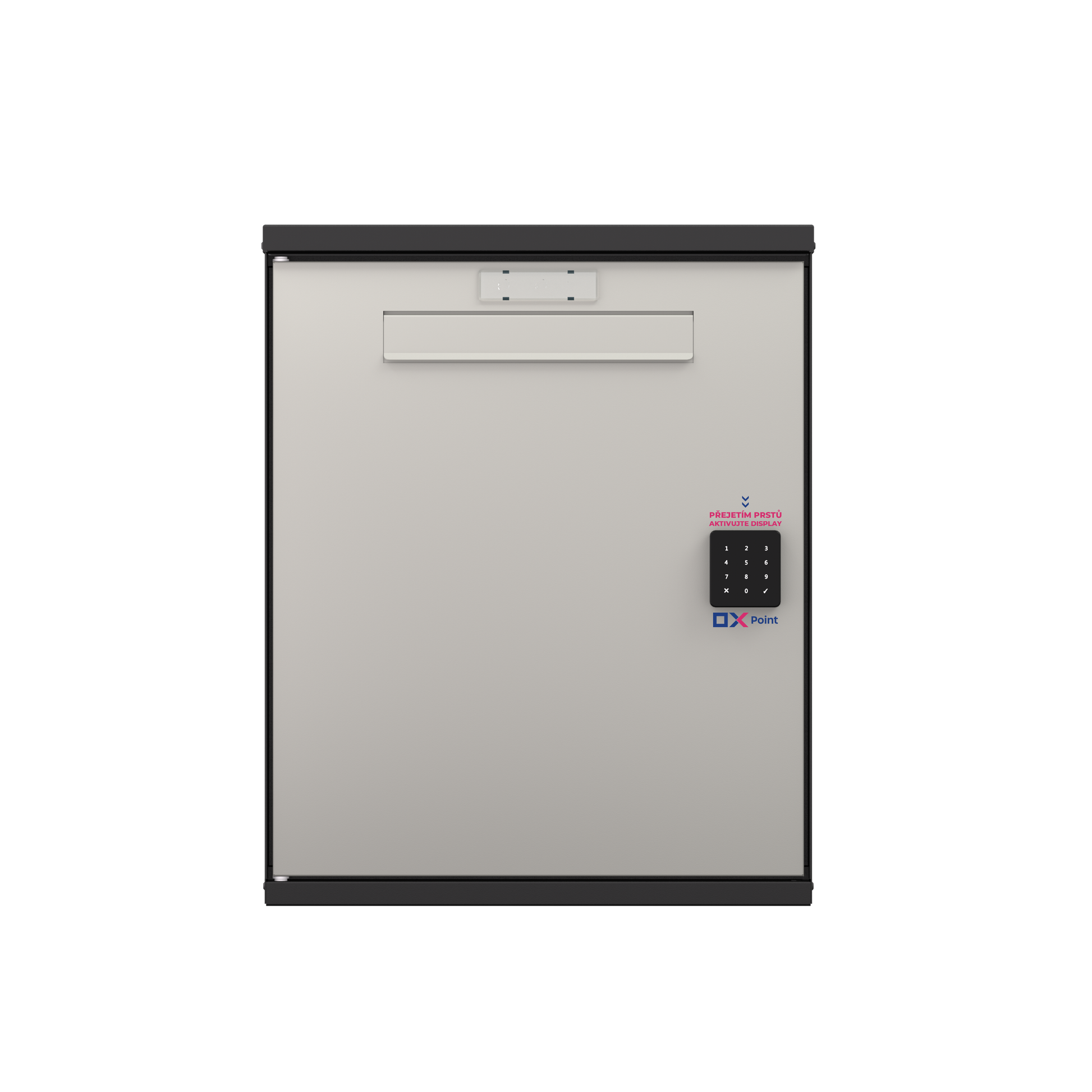 OX BOX MINI – přední pohled na uzavřený kovový chytrý box na balíky s mechanickou číselnou klávesnicí
